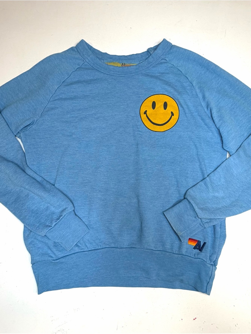 Aviator Nation Blue Yellow Smiley Face Crewneck Sweatshirt Sz XS